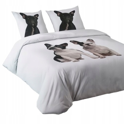 ️ Pościel 160x200 + 2 Poszewki 70x80 Satyna Bawełniana – Wzór SŁODKIE BULDOGI