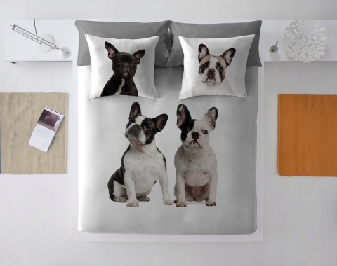 ️ Pościel 160x200 + 2 Poszewki 70x80 Satyna Bawełniana – Wzór SŁODKIE BULDOGI