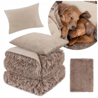 Koc Dwustronny Dla Psa/Kota 100x80 cm + Poduszka Velvet 30x25cm włochaty shaggy beżowy