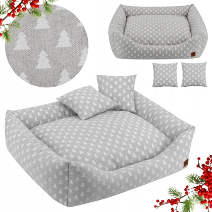 Świąteczne Legowisko Dla Psa Kota 70x60 cm Choinki Na Lnie + 2 Poduszki