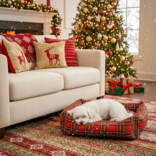 Zestaw Świąteczne Legowisko Dla Psa Kota 70x60 cm Krata + Kokarda Ręcznie Szyta 50x90