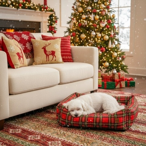 Zestaw Świąteczne Legowisko Dla Psa Kota 70x60 cm Krata + Kokarda Ręcznie Szyta 50x90