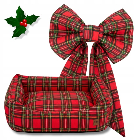 Zestaw Świąteczne Legowisko Dla Psa Kota 70x60 cm Krata + Kokarda Ręcznie Szyta 50x90