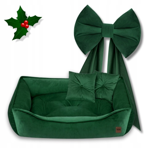 Zestaw Świąteczne Legowisko z Poduszkami Dla Psa Kota 70x60 cm Zieleń + Kokarda Ręcznie Szyta 50x90