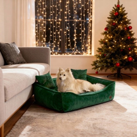 Zestaw Świąteczne Legowisko z Poduszkami Dla Psa Kota 70x60 cm Zieleń + Kokarda Ręcznie Szyta 50x90