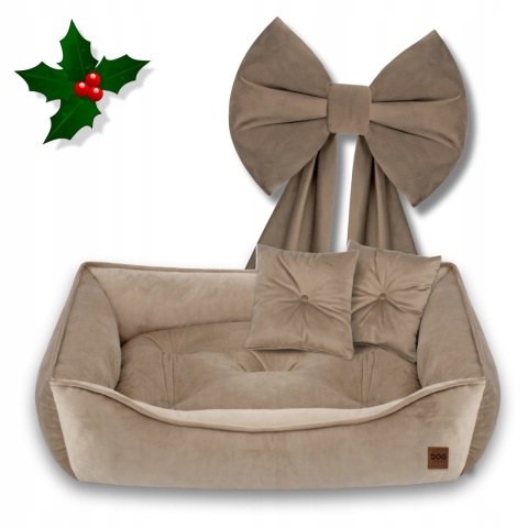 Zestaw Świąteczne Legowisko z Poduszkami Dla Psa Kota 70x60 cm Beż + Kokarda Ręcznie Szyta 50x90