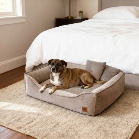 Zestaw Świąteczne Legowisko z Poduszkami Dla Psa Kota 70x60 cm Beż + Kokarda Ręcznie Szyta 50x90