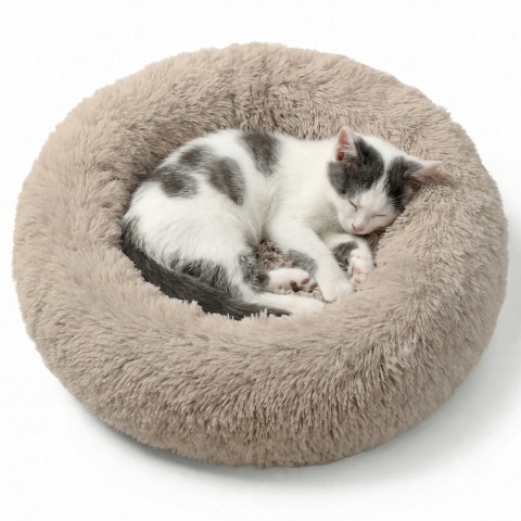 Okrągłe Włochate Legowisko Chmurka 40 cm Dla Psa i Kota - Beżowy
