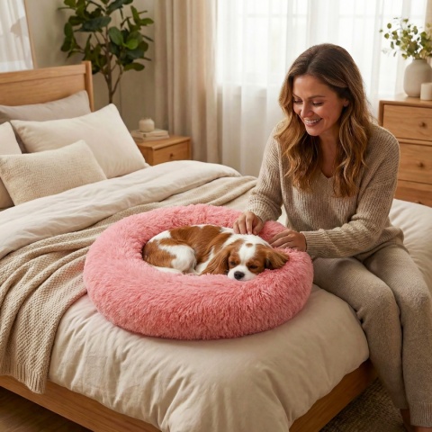 Okrągłe Włochate Legowisko Chmurka 60 cm Dla Psa i Kota - Różowe