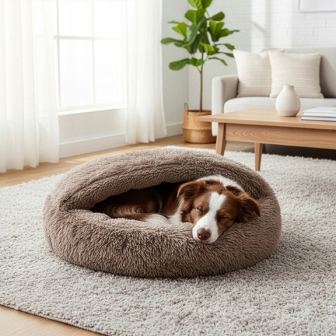 Okrągłe legowisko Śpiwór Dla Psa Włochate Bezpieczne Antystresowe 70 cm
