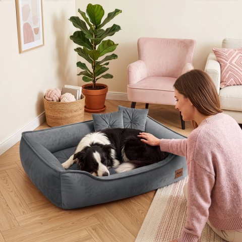 Sofa Kanapa Dla Psa i Kota 90x60 cm XL VELVET - Szary + Poduszki